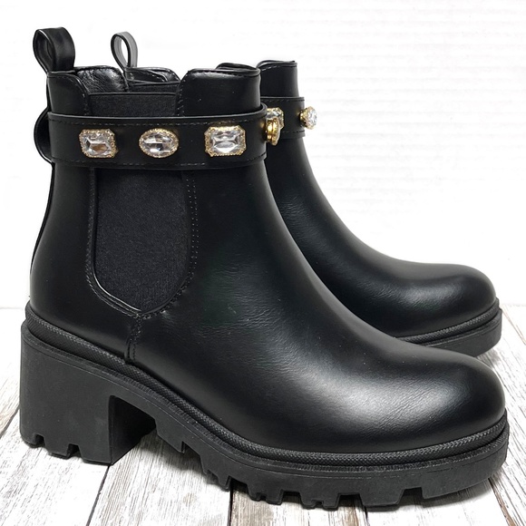 New Black Jewel Collar Chelsea Ankle Boots Booties - Picture 1 of 4